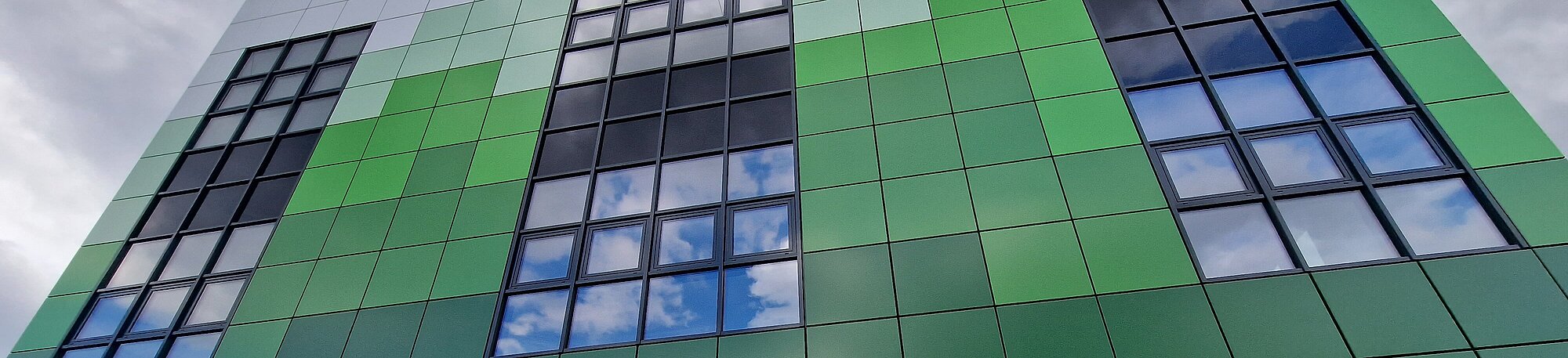 Front of nexspace data center from below, landscape