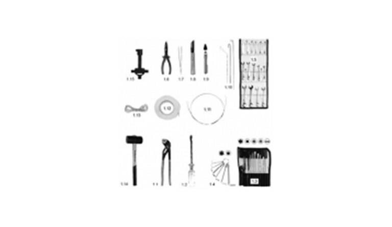 Diverse Werkzeuge wie Hammer, Schraubenschlüssel, Draht, Zange