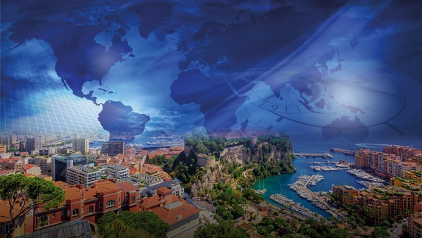 Below Monaco with beach, above world map kept in blue