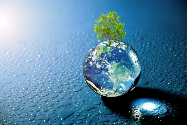 Miniature symbol of the earth with a tree on it, next to it a blue area with drops of water