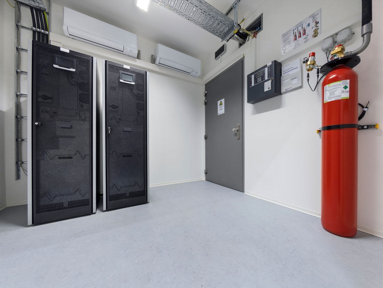 server cabinets, security door and fire extinguisher