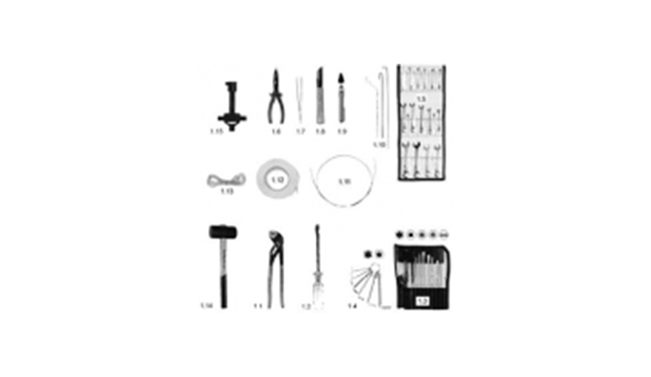Diverse Werkzeuge wie Hammer, Schraubenschlüssel, Draht, Zange